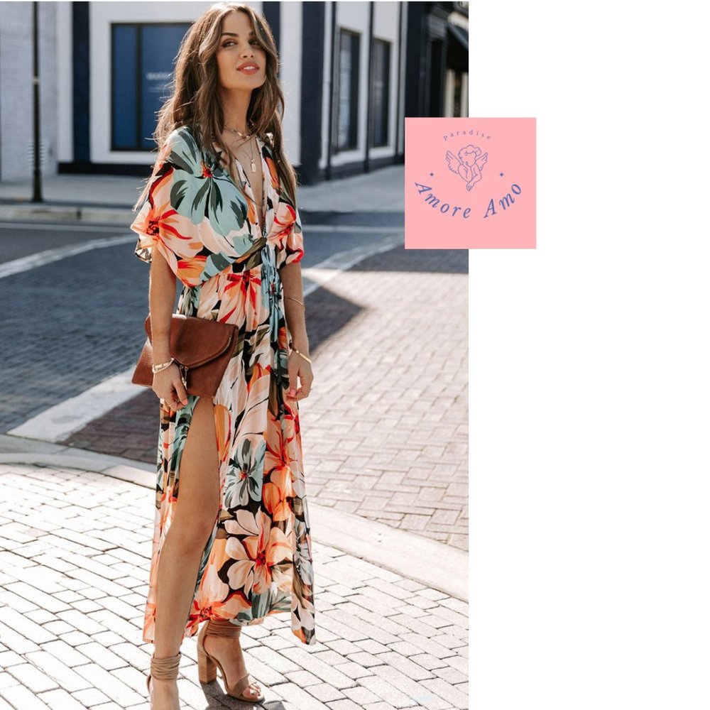 Kim K Dress 🌸 Kimono Bohemian Maxi Tunic Leg Slit Orange Pattern Dress - Picture 5 of 8